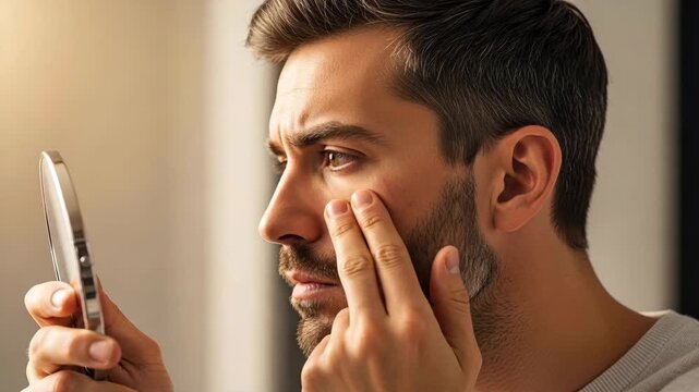 Man examining skin while looking at mirror indoors  