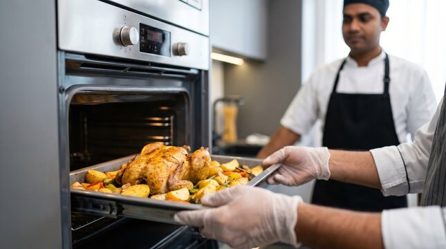 Indian male chef instructor teaching vocational culinary student roasting chicken in commercial oven