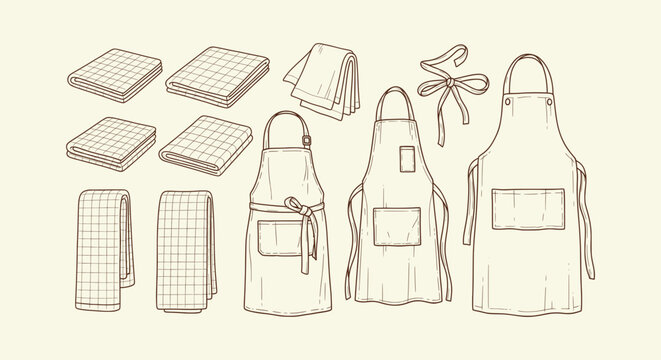 Vintage hand drawn kitchen textile set with aprons and towels. Rustic line art cooking illustration.