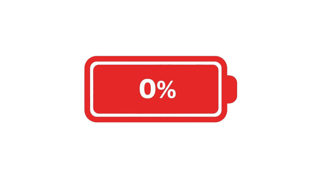 Empty Battery Icon 0% Charge Level Red Symbol Isolated on White Background