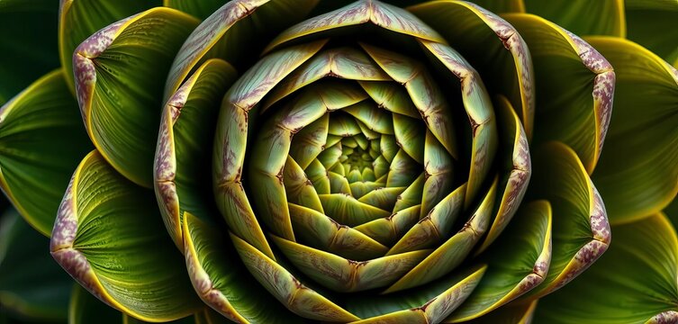 Close-up of artichoke's spiraling pattern, revealing Fibonacci sequence in its bracts, math, organic