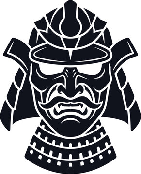 Traditional Japanese Samurai Warrior Helmet with Menpo Mask Vector Illustration.