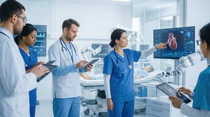 Fototapeta premium Diverse team of young doctors, digital twin heart simulation, robotic cardiac surgery planning in a modern hospital.