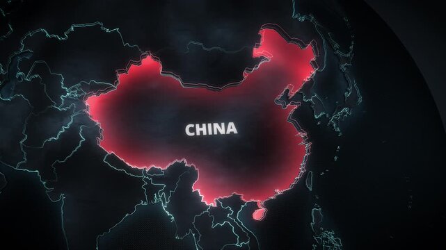 3D Digital Map of China with Pulsating Red Glow and Technical Outlines for Geopolitical News and Business Presentations