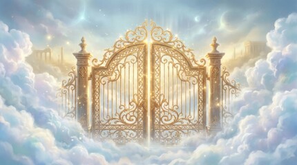 Naklejka premium Ornate Golden Gates Rising Above Luminous Cloudscape Entrance.