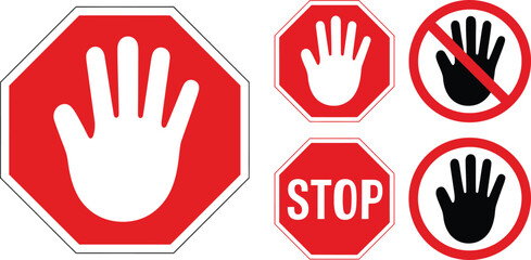 Fototapeta premium Stop sign collection featuring red octagonal symbols with white hand palm and text for safety warning and prohibition notice icons.