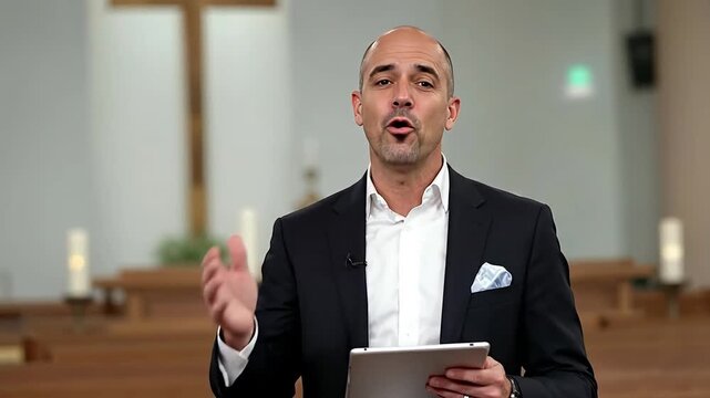 Man in suit holding tablet in a church with a cross behind him.