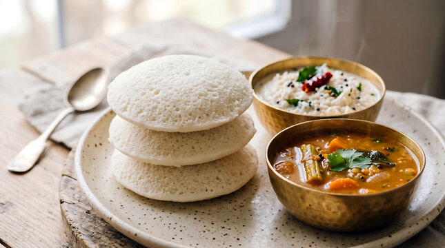 Idli sambar dish featuring a stack of soft steamed rice cakes served with spicy lentil vegetable soup and coconut chutney in traditional brass metal bowls