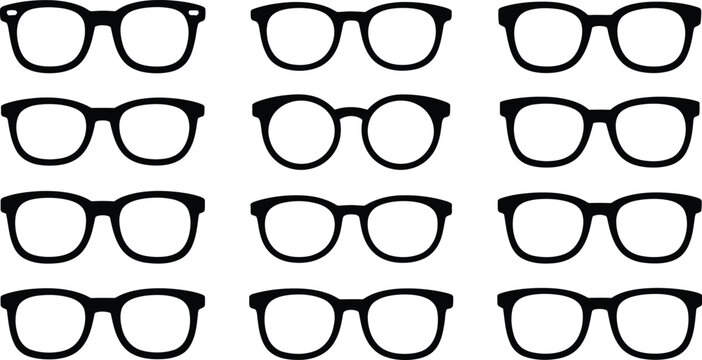 Eyeglasses silhouette set featuring black vector illustrations of various classic frame styles for optician services fashion design and vision care.