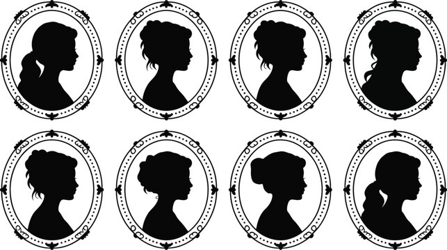 Vintage cameo silhouette set featuring elegant female profile portraits in decorative oval frames isolated on white background for classic design.