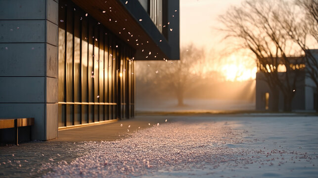 Modern university campus sunrise glass building cherry blossom petals winter snow tranquil architecture morning light outdoor