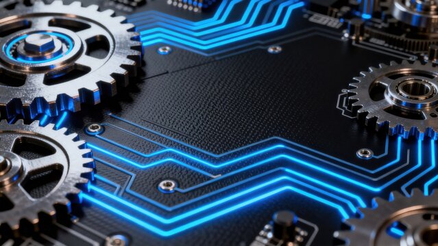 Circuit board with glowing blue lines and metallic gears