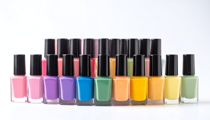 Obraz premium Many colorful nail polish bottles lined up, against a white background