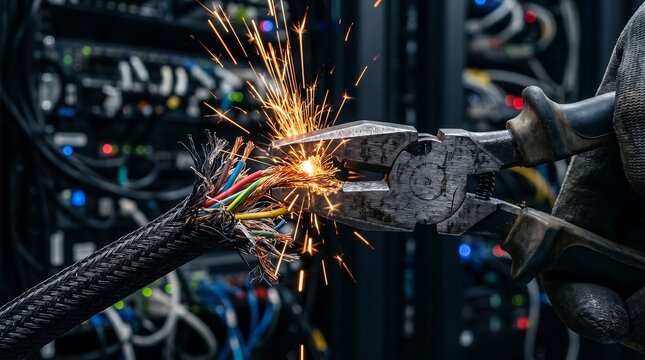 A robotic arm welding wires with sparks.