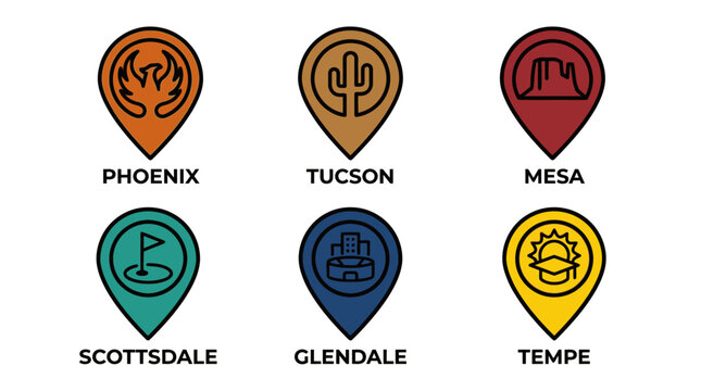 Arizona Cities Map Pin Icons for Travel and Tourism Design