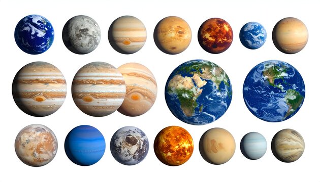Arrangement of assorted planets, various textures and colors, isolated on white