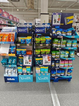 Royan, France - May 10, 2026: E.Leclerc. Gillette and Venus razor display in retail store featuring various shaving products and promotional pricing tags on shelves