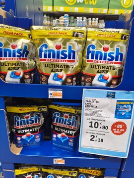 Royan, France - May 10, 2026: E.Leclerc. Finish Powerball Ultimate Plus dishwasher tablets displayed on a retail shelf with pricing information and product packaging visible