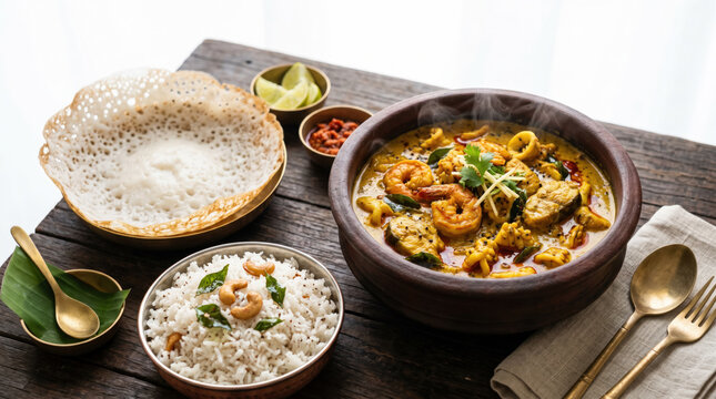 Steaming hot seafood curry with rice and appam served on a rustic wooden table