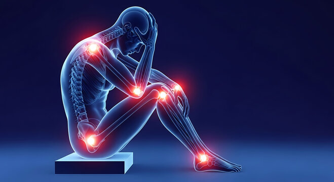 Human skeleton highlighting chronic joint pain and inflammation in full body profile