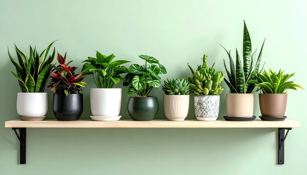 Houseplants in pots aligned on wooden shelf against light green wall background