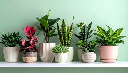 Fototapeta premium Various houseplants in pots arranged on a shelf against a green wall
