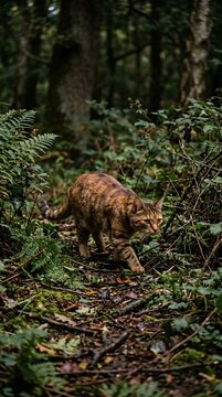 A ginger tabby cat exploring a lush green forest trail.