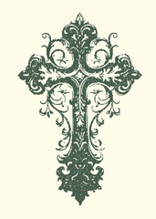 Ornate green cross with intricate swirling vine-like patterns and decorative elements presented in a vintage sketch style religious christian decorative filigree illustration historical © bbilfunk