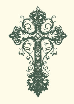 Ornate green cross with intricate swirling vine-like patterns and decorative elements presented in a vintage sketch style religious christian decorative filigree illustration historical