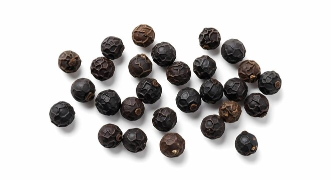 Black peppercorns isolated on white background for culinary and food concepts