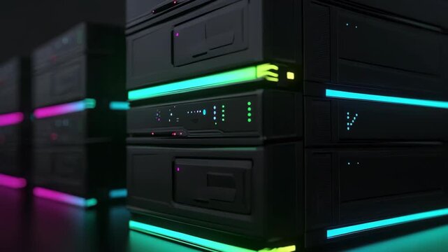 Four close-up shots display computer towers with vibrant LED lights. The towers have bright colors and are set up in a dark room to highlight the lighting effects