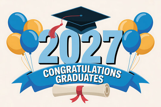 Graduates celebrate with colorful balloons and congratulatory banner in 2027
