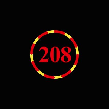 Countdown timer animation featuring number two hundred eight in center with rotating yellow and red circular frame on black background.