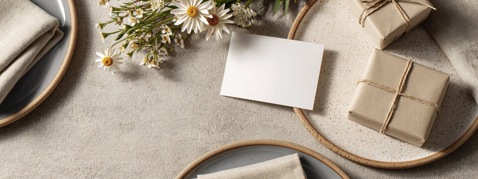 Minimalist table setting with note, gifts, and flowers for special occasion