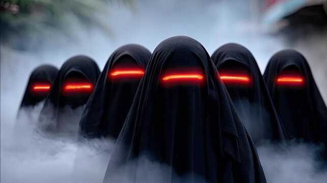Figure hooded figures with glowing eyes in a foggy environment