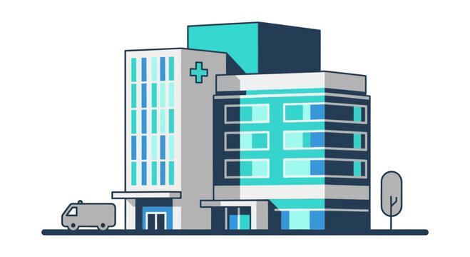 Hospital Illustration Icon Showing The Healthcare Building with Medical Ambulatory Vehicle