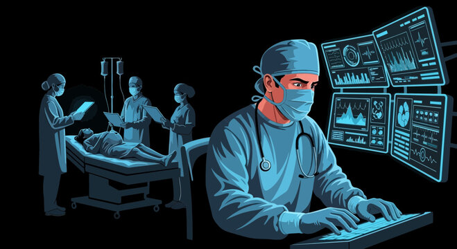 Hospital Operating Room Featuring Surgeons and a Patient with Medical Equipment on View