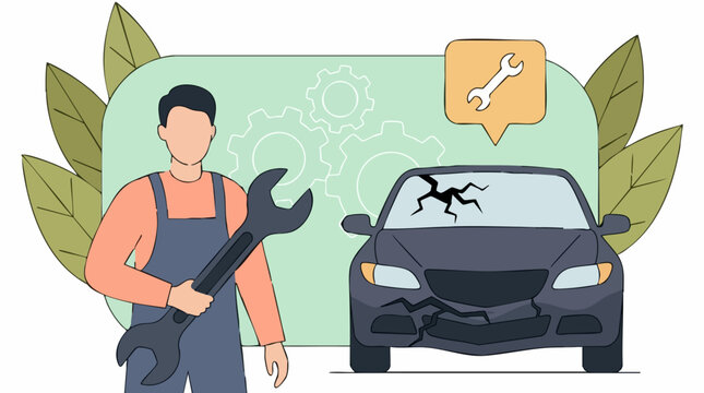 Mechanic holding wrench next to damaged car, auto repair service concept illustration