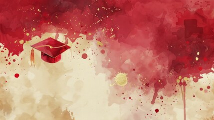 Obraz premium Red graduation cap floats amidst vibrant watercolor splashes. Warm tones suggest celebration and achievement. Ideal for education-themed designs or event promotions. Suitable for banners, invitations