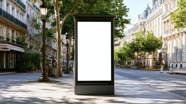 Blank vertical billboard mockup on a sunny city street sidewalk with Parisian architecture