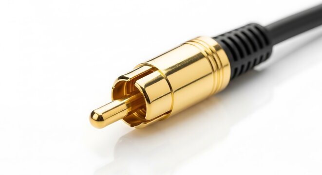 Close up of a gold plated rca audio connector plug attached to a black cable for stereo sound signal. RCA audio connector