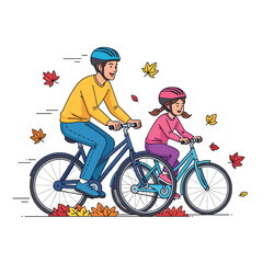 Fototapeta premium Father and Daughter Riding Bicycles in Autumn Illustration