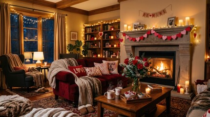 Fototapeta premium Cozy Valentine's Day living room with fireplace and romantic decor