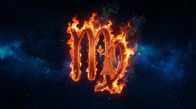 Fiery sign of Virgo burns against cosmic backdrop. Stars swirl in deep blue space behind. Symbol glows with intense orange flames. Emotionless, mystical energy radiates. Perfect for mystical