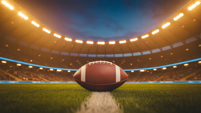 Football on a field under bright stadium lights with a blurred background