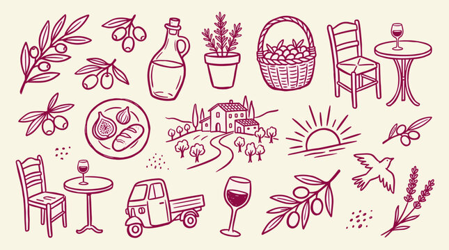 Charming Italian Tuscan countryside scene with olive trees a vineyard a farmhouse and a vintage Ape car with wine and food elements for a rustic lifestyle depiction