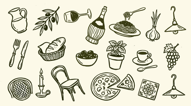 hand drawn italian food and drink elements illustration with pasta pizza wine cheese and coffee for restaurant menu design and culinary themes