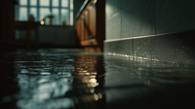Water collects on the floor of a kitchen during heavy rain in the afternoon