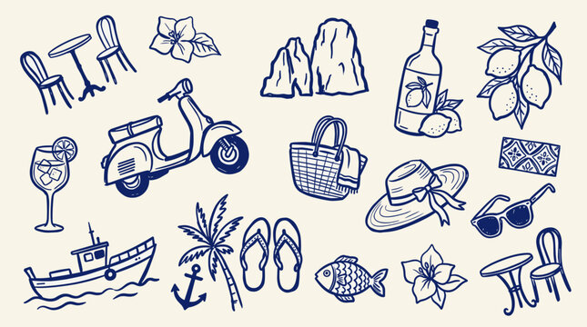 Doodle style illustration of Italian summer vacation elements like scooter boat lemons and beach accessories on a beige background
