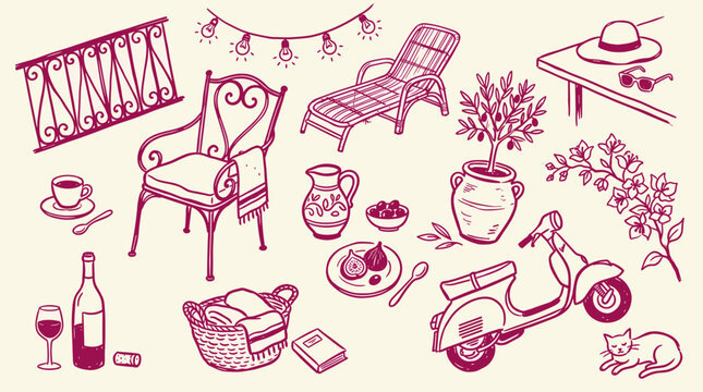 charming italian summer vacation icons and symbols including scooter wine and cat for travel lifestyle and leisure